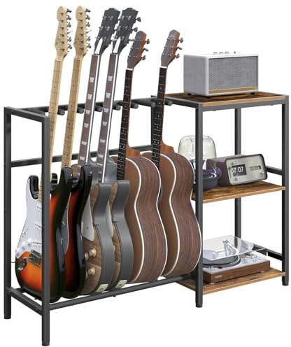 MAHANCRIS Guitar Stand, Guitar Holder for 6 String Instruments, Suitable for Acoustic Guitar, Bass, Guitar Rack with Side Shelves for Record Player, with Non-Slip Rubber Pads, Rustic Brown GSHR9701V1