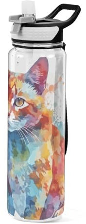 Mnsruu Transparente Sport-Wasserflasche mit Strohhalm, auslaufsichere Trinkflasche, Katze mit Aquarellmalerei, Fahrradflaschen für Sport, Büro, Schule, BPA-freier Tritan-Kunststoff, 1 Liter