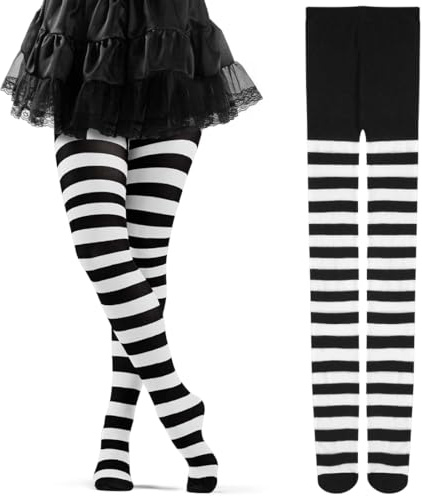 Cadimus Medias de Rayas,Leotardos Rayas Mujer,Medias Carnaval Mujer,Medias Opacas,Adecuado para Halloween, carnaval, fiestas temáticas de disfraces- Negro y blanco