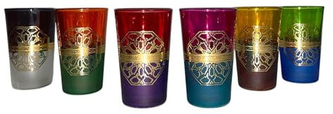 Générique SULTANAMA - Ensemble de 6 Verres à Thé Marocains - Fabrication Artisanale, Couleurs Vives avec Dorures (Modèle 06, Medium)