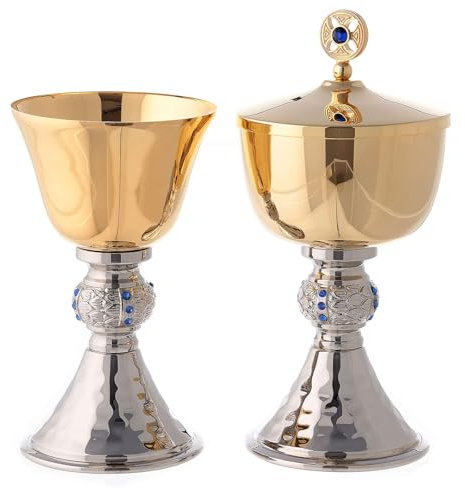 Holyart Cáliz y copón con Base martillada Plateada, CálizDiámetro Copa Cáliz: 8 cm|Diámetro píxide: 8 cm|Altura cáliz: 13 cm|Altura píxide: 13.5 cm