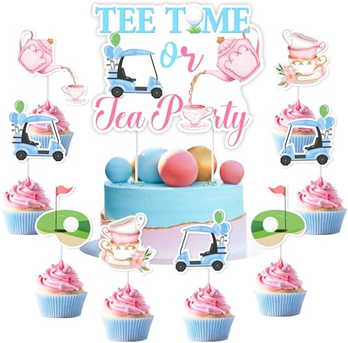 Wonmelody Golf Gender Reveal Cake Toppers Decorations with Tee Time or Tea Party Gender Reveal Cake Cupcake Toppers Golf Baby Shower Cake Toppers for Putters or Pearls He or She Golf Gender Reveal