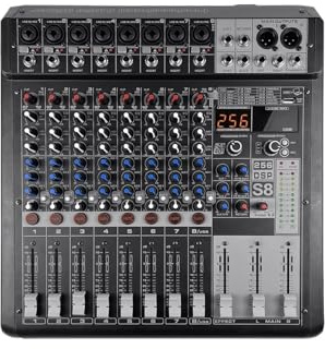 Audio Mixer, 8 Channel DJ Controller With 256 DSP Reverb Effect BT 5.0 USB Mixer USB For Professional Sta Performance