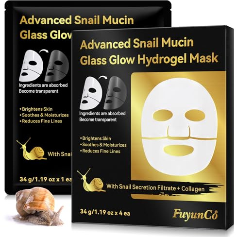 Snail Mucin Mask 4 Pack, Maschera Collagene Viso, Advanced Snail Mucin Glass Glow Hydrogel Mask with Snail Mucin Serum, Face Masks for Dry, Sensitive Skin, Korean Skin Care