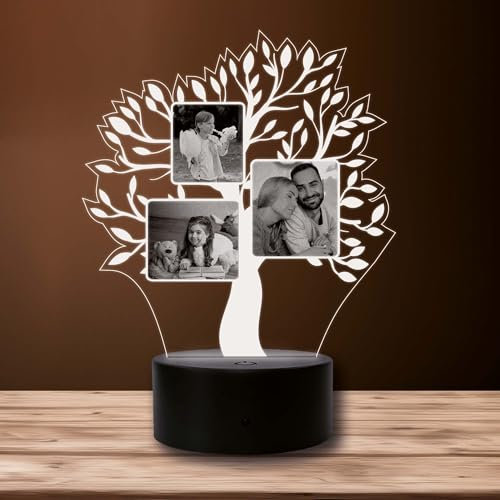 INDIGOS UG - LED Lampe personalisiert - Baum, 3 Bilder - schwarzer Sockel - Familie, Liebe - Wunschbild, Wunschtext - personalisierte Lampe Deko, Weihnachten, Geburtstag, Geschenk