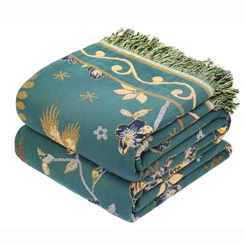 VANJOROY Boho 100% Organic Cotton Muslin Throw Blanket 50 x 60 - All Season Rustic Ultra Soft Breathable Floral Bird Blanket for Bed Sofa Couch Chair Bedspread Quilt Gift-Teal/Beige