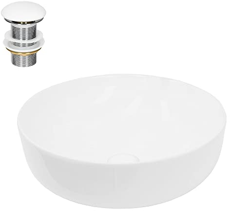 LuxeBath Waschbecken Keramik rund Ø 400 x 135 mm Weiß mit Ablaufgarnitur Weiß, Aufsatzwaschbecken für Badezimmer/Gäste-WC, Modernes Aufsatzbecken, Waschtisch Waschschale Waschplatz Handwaschbecken