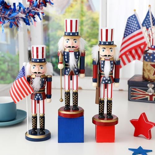 Briwooody 3 Pcs Patriotic Nutcracker Figurines 10 Wooden American Nutcracker Soldier with Cane Flag 4th of July Red White and Blue Tabletop Ornaments for Independence Day Table Decoration Gifts