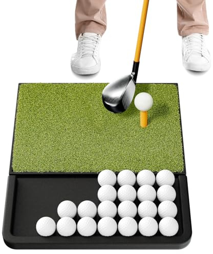 NABIYE Golf Practice Mat with Ball Tray, Indoor Outdoor Golf Hitting Mat for Swing & Chipping, Compact Golf Tee Mat for Home Garden Training, Durable Turf Golf Driver Mat