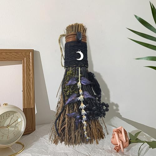 Balai en Cannelle, 19cm Mini Balai Décoratif avec Fleurs Séchées et Obsidienne, Balai de Sorcière Fait Main pour Mariage, Autel, Samhain, Halloween et Wicca, Noir