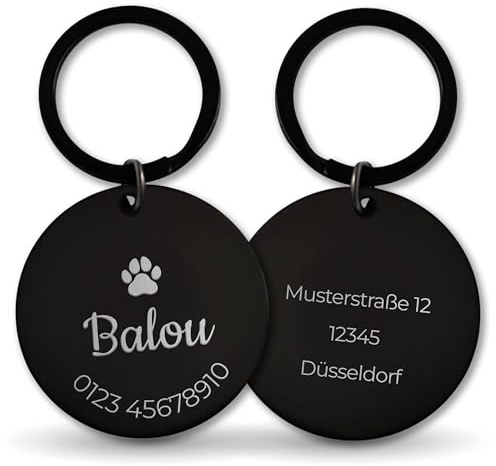 LAUBLUST Personalisierte Hundemarke mit Gravur für Halsband - Rund, Schwarz, Edelstahl | Größen S, M, L - Personalisiertes Geschenk für Hunde, Hundebesitzer mit Name als Hundezubehör, inkl Geschenkbox