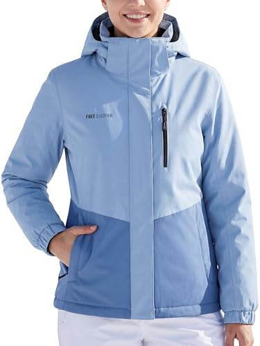 FREE SOLDIER Wasserdichte Skijacke für Damen, mit Fleece gefüttert, warm, Winter, Schneemantel, winddicht, mit Kapuze, Regenmantel (Blau, M)