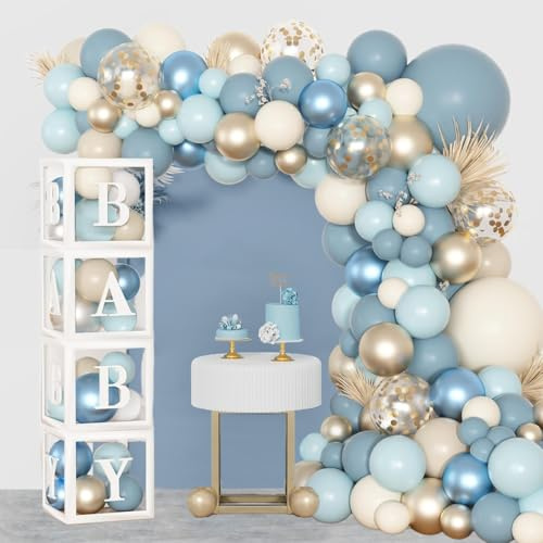 Décoration pour fête prénatale Acidea pour garçon, 152 pièces de décoration pour baby shower pour garçon ou fille avec ballons bleus et blancs, guirlande de ballons arc-en-ciel pour baby shower neutre