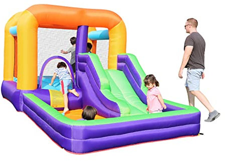 ApuaVireo&Co Bouncy Castle, 4 In 1 Inflatable Bouncy Castle With Slide, Patch, Stakes