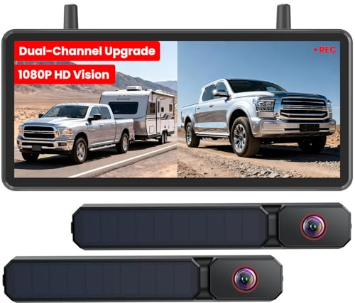 AUTO-VOX 2 Solar Wireless Reversing Camera Kit: Dual Cameras for Wider Coverage, 7.2 HD Split-Screen Monitor, Dual Antenna Signal, DVR Recording, IP69K Waterproof Reverse Camera for Van,Trailer