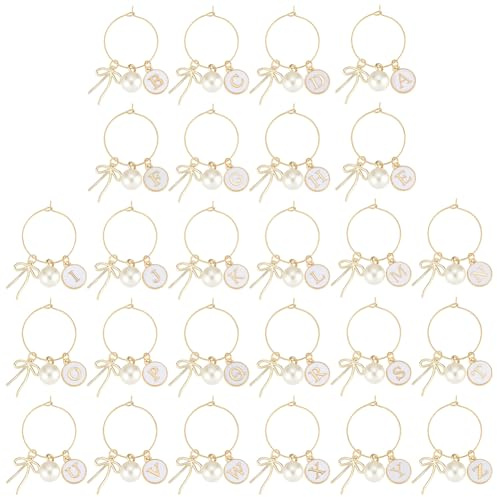 PH PandaHall 26 Styles Wine Glass Charms, Alphabet Wine Glass Cup Tag Pearl Bowkont Pendant Golden Markers Ring Drink Identifiers for Stem Glasses Cocktail Champagne Party Favors