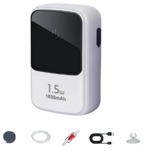 Zoegneer Wiederaufladbare Aquarium-Luftpumpe mit Lithium-Batterie für Eimer, leiser Betrieb unter 28 dB, einstellbare Sauerstoffversorgung, automatischer Umschalten zwischen (1500 mAh)
