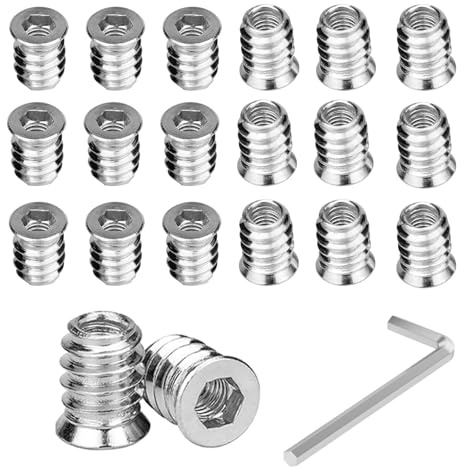 Inserti filettati per legno, 20 dadi filettati M6 x 10 mm, dadi a vite esagonali, rivetti filettati a testa piatta con chiavi per mobili in legno compensato di pino