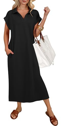 ANRABESS Womens Summer Casual Midi Dresses Short Sleeve Polo V Neck Loose Split Wrinkle-Free Beach Vacation Tshirt Maxi Dress Black Small