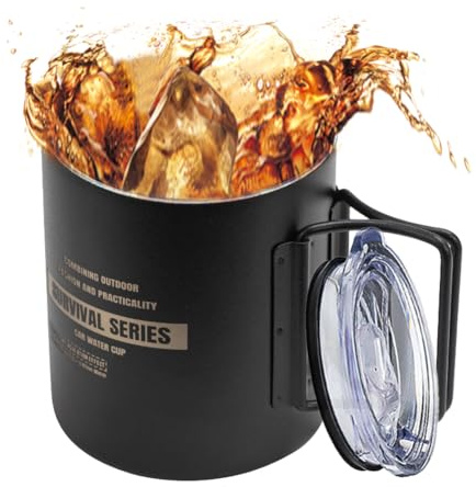 Pruojhw Campingmugg i rostfritt stål, campingmugg i rostfritt stål, juicekopp med vikbart handtag och lock, 320 ml bärbar mugg för, resor