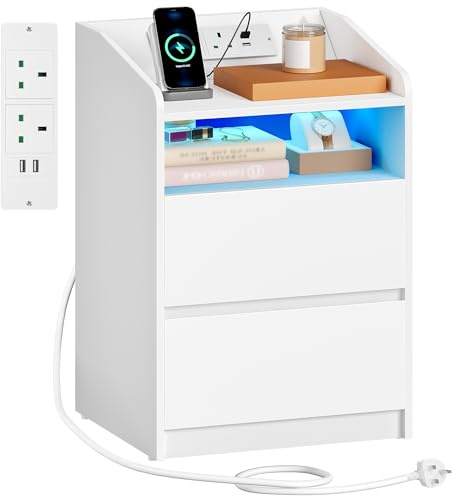 Hzuaneri Bedside Table with Power Strip and LED, 2 Drawers, White | Bedside Cabinet with 2 AC and 2 USB Ports, Side Table with Open Compartment, Nightstand for Living Room, Bedroom, NS60003XUK