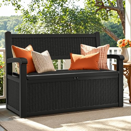 YITAHOME 265L Aufbewahrungsbank Sitzkasten, Abschließbare Gartenbox, Wetterfeste Outdoor Kiste für Terrassenkissen, Gartengeräte & Poolzubehör – Schwarz