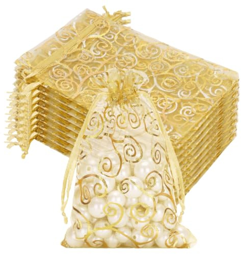 50 Stück Goldene Organzasäckchen 10x15 cm Organzabeutel Gold, Geschenktüten für Hochzeit, Druck Schmuckbeutel mit Kordelzug, Candy Tüten Geschenkbeutel Gold für Hochzeit Party Geburtstag Festival