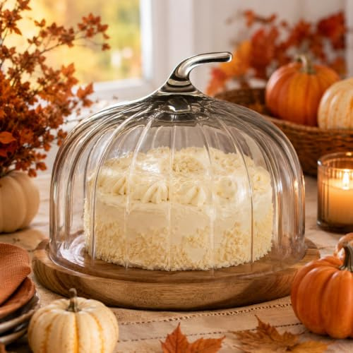 Pumpkin Glass Cake Dome with Wooden Base – Decorative Glass Cake Stand and Covered Cake Storage for Cakes, Biscuits, Brownies, Pastries & Autumn Kitchen Décor-A75