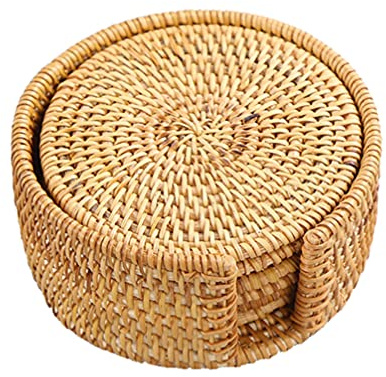 VOSAREA 6pcs Rund Getränkeuntersetzer Holz Bambus Glasuntersetzer Handgefertigt Geflochtene Untersetzer