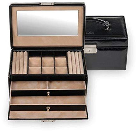 SELVA Schmuckkoffer – Made IN Germany – Lederimitat in nobler Nappaoptik – Farbe: Schwarz/Beige – Maße: 22 x 14 x 11,5 cm