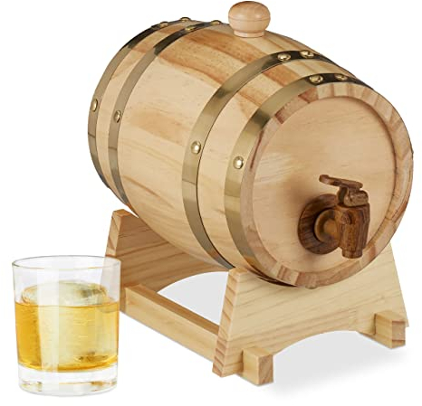Relaxdays 10027852 Holzfass 1,25 l, mit Bock, Zapfhahn, für Whiskey, Wein, Spirituosen, Whiskyfass HxBxT 23 x 16 x 25,5 cm, Natur, Holz
