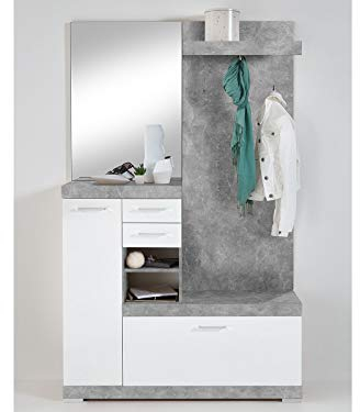 möbelando Kompaktgarderobe Standgarderobe Minigarderobe Garderobe Flurmöbel Birkenhead I Beton LA/Weiß Edelglanz