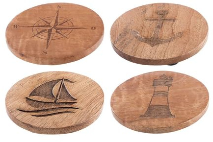 GILDE 4 Holz Untersetzer maritim-mit Symbole von Anker-Schiff-Windrose-Leuchtturm,D.xH. =10cm x 0,5cm,aus Mangoholz