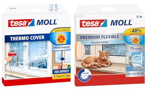 Film isolant pour fenêtres tesa tesamoll Thermo Cover & tesamoll Premium Flexible - Joint en silicone autocollant pour isoler les interstices des fenêtres et des portes - Transparent