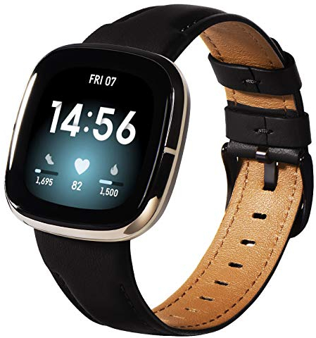 KADES Kompatibel für Fitbit Versa 3 Armband, Echtleder-Armband Kompatibel für Fitbit Versa 3 Armband, für Versa Sense Armband Männer Frauen, Schwarz