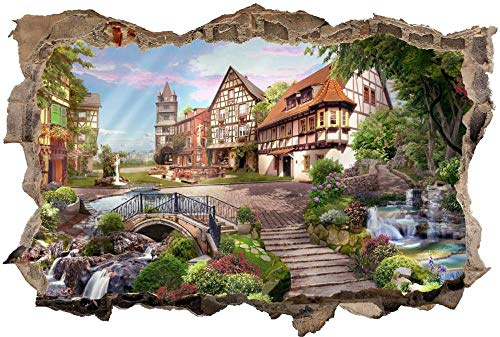 3D Wandtattoo Mauerloch Wandsticker Wandaufkleber Durchbruch selbstklebend Schlafzimmer Wohnzimmer Kinderzimmer,Dorfplatz Fachwerkhaus,Größe: 60x90cm
