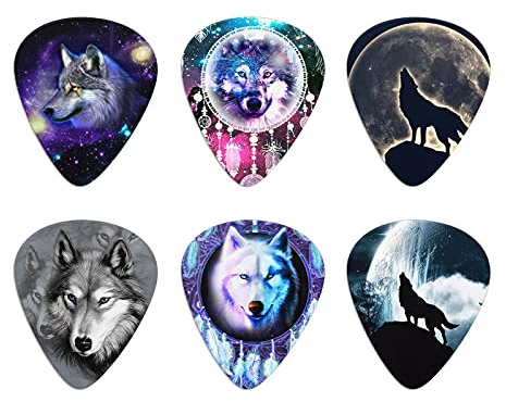 Howilath Galaxy Wolf Gitarrenplektren, Cool Wolves Traumfänger Punk Wolf Howling Moon Thumb Picks 6 Stück Gitarrenplektren ABS Plektrum für Akustik-, Elektro-, Bassgitarre 0,96 mm