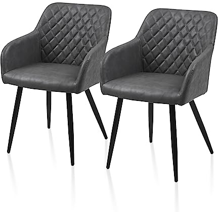 TUKAILAI 2er Set Esszimmerstühle Kunstleder Stühle Dunkelgrau | Küchenstühle mit Armlehnen,Rückenlehne,Metallbeinen Moderne Polsterstuhl für Esstisch Küche Wohnung,abwischbare Oberfläche
