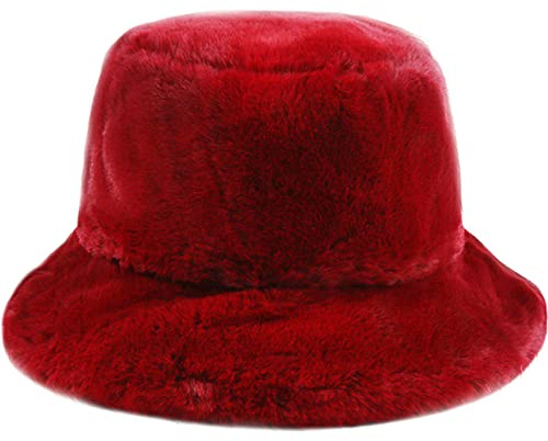 Malaxlx Rouge Bob Duveteux Chapeau de Pêcheur en Peluche Femme Chapeau Hiver Chaud Chapeaux de Seau en Fausse Fourrure