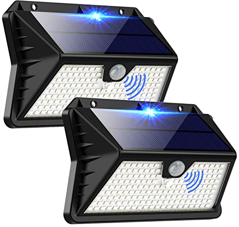 Luce Solare LED Esterno, Faretto LED da Esterno con Sensore di Movimento, 185 LED/ 3 Modos Lampada Solare da Esterno, IP65 Impermeabile LED Lampione per Giardino, Parete, Garage(2 Pezzi Bianco Freddo)