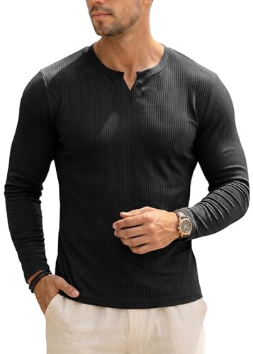 Muscle Cmdr Manica Lunga da Uomo Scollo a V Magliette Intime Slim Fit Stretch Casuale T-Shirt Uomo （Nero L）