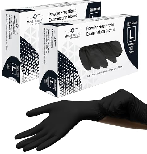Farla Medical MediHands Disposable Large Nitrile Gloves - Powder Free and Latex Free Surgical Gloves - Multi-Purpose, Single Use Medical Gloves - Box of 200, Black