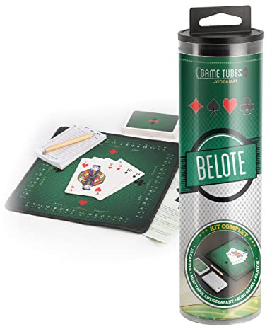 WOGAMAT - Game Tubes Belote - Kit Complet pour Jeu de Belote avec Tapis Antidérapant en Néoprène + Jeu 32 Cartes + Bloc de Feuilles de Score et Crayon