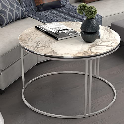 [en.casa] Couchtisch Aulum Beistelltisch 50 x 70 cm Kaffeetisch aus Spanplatte und Metall Sofatisch für Wohnzimmer Schlafzimmer Marmor, weiß/Silber