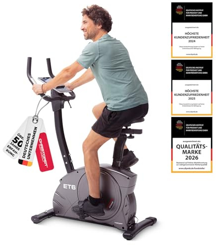 CHRISTOPEIT Ergometer Heimtrainer ET 6, bequem, leise, LCD Display, grau | Indoor Fahrrad mit 24 Widerstandsstufen, bis 150 kg und 200 cm, Bluetooth, Pulsmessung