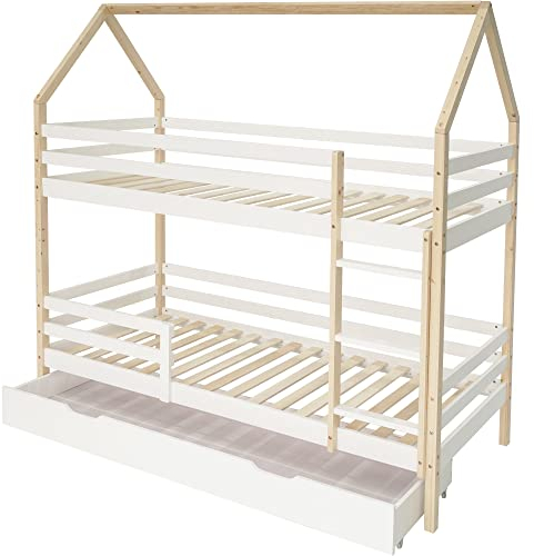 Ins und aus dem Bett kommen,Doppelbett,Kinderbett in Hausform,große Schubladen,Kiefernholz Haus Bett for Kids,Farblich abgestimmtes Kinderbett,90x200cm,ohne Matratze,weißund Holzfarbe