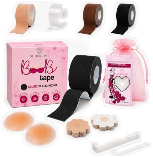 GLINDIHOME Cinta Adhesiva Pecho 5m. Incluye: 1 Rollo Boob Tape +2 Pezoneras Adhesivas Invisibles Reutilizables +36 Tiras Doble Cara Ropa +10 Pezoneras Tela +Bolsa. Sujetador Invisible. (Negro)