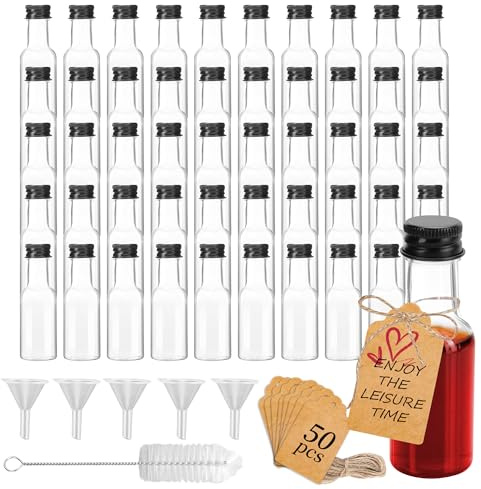 50 Pack Mini Liquor Bottles With Black Cap, 1oz/30ml Plastic Alcohol Shot Containers, Reusable Empty Airtight Spirit Bottles With 50 Tags, 5 Funnels, 1 Brush, Miniature for Party, Cocktail