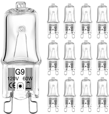 G9 Bulb 60W, 12 Pack G9 Halogen Light Bulbs 2 Pin Base T4 JCD Type 120V Xenon Small Light Bulb for Chandeliers, Range Hood Light, Bathroom Light Bulbs, Cabinet Lights, Dimmable, 2700K Warm White