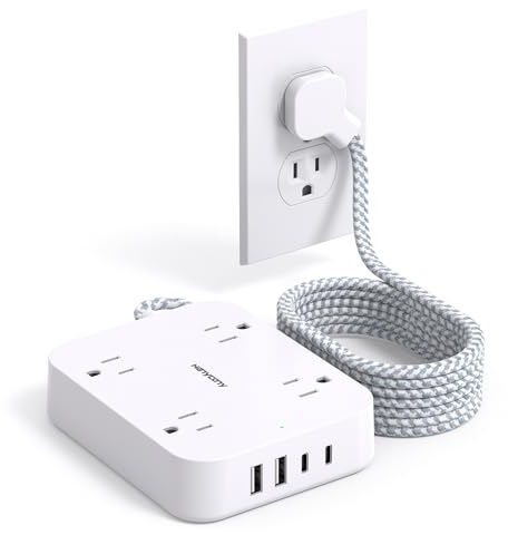 10 Ft Extension Cord, HANYCONY Ultra Thin Flat Power Strip with 4 Outlets 4 USB Ports (2 USB C), Wall Mount, Multi Plug Outlet Extender Desk Charging Station for Office Travel Dorm Room Essentials